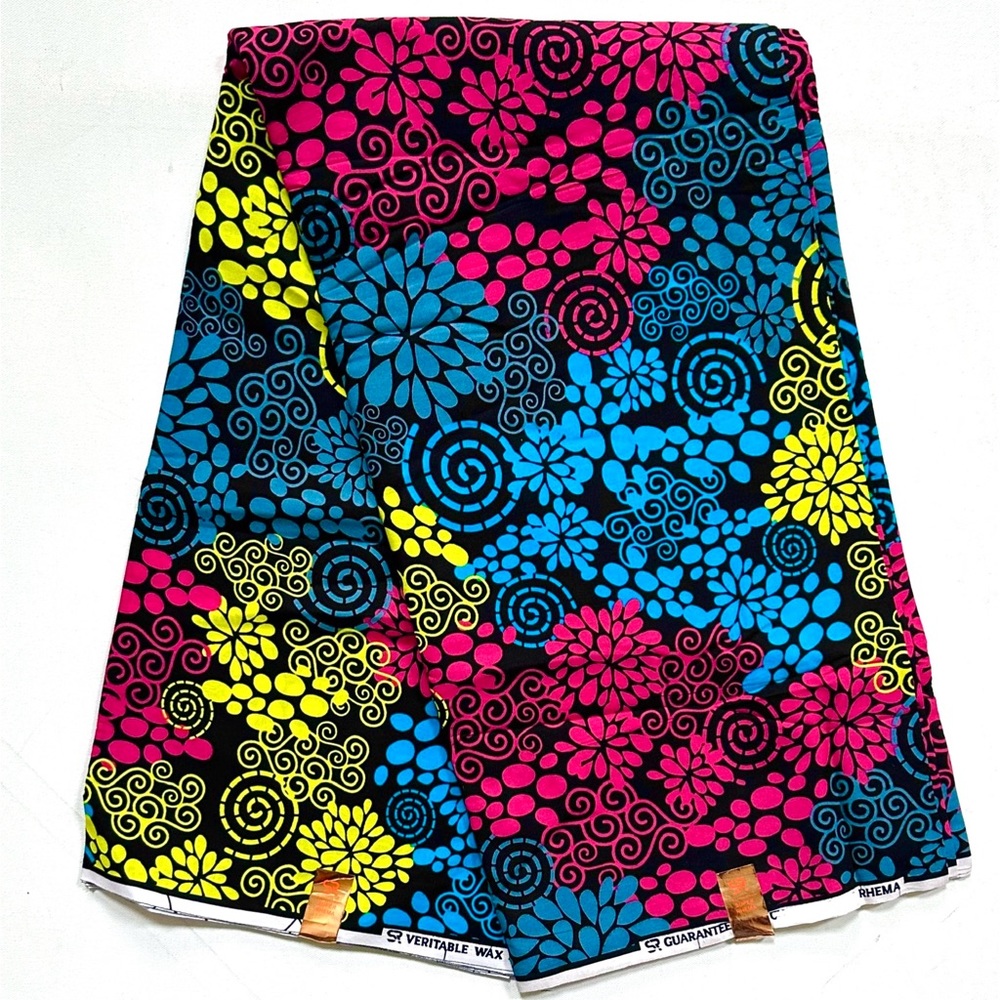 African Fabric/ Ankara - Pink, Blue, Yellow, Gray, Black 'Wedad Bouquet’ 6 YARDS